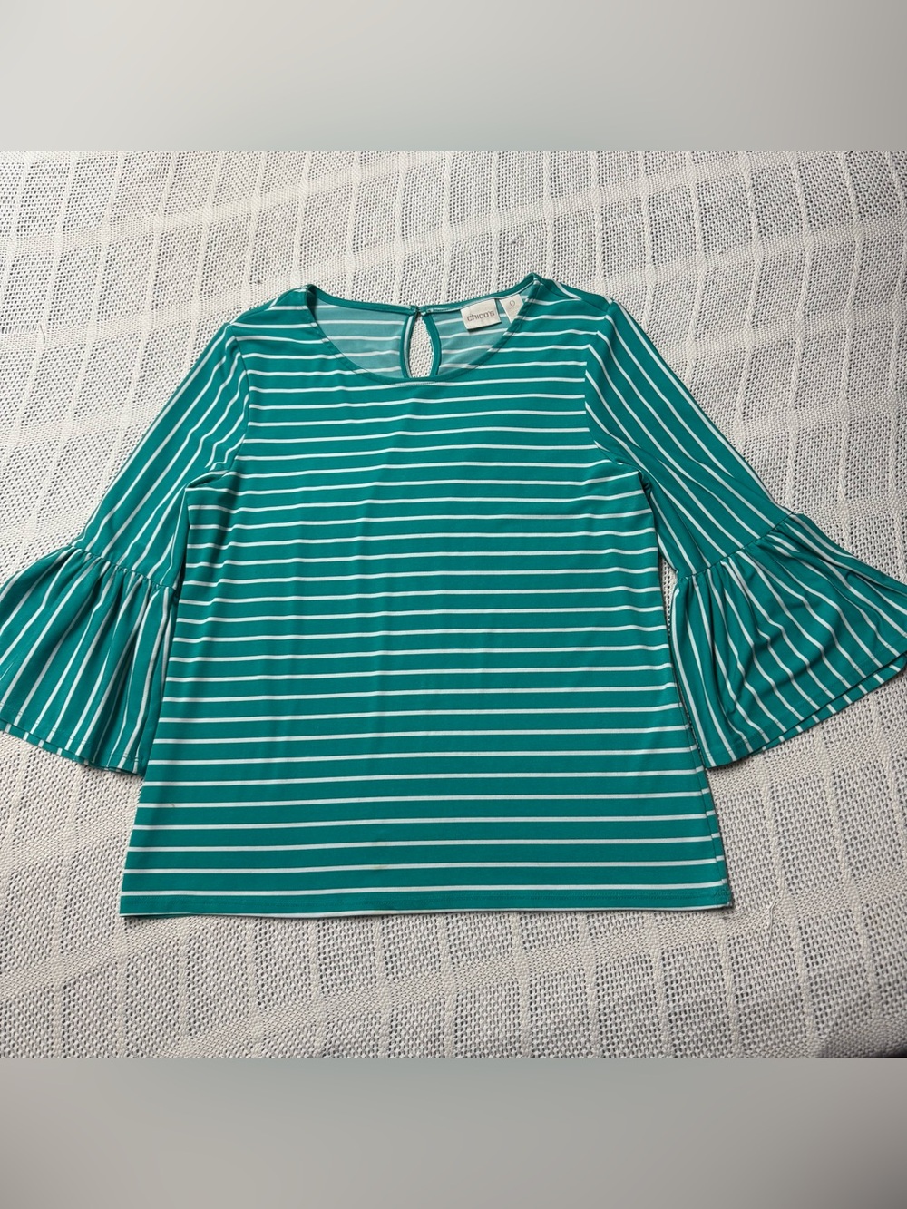 Chico’s Striped Green Women's Top 3/4 Ruffled Sleeves